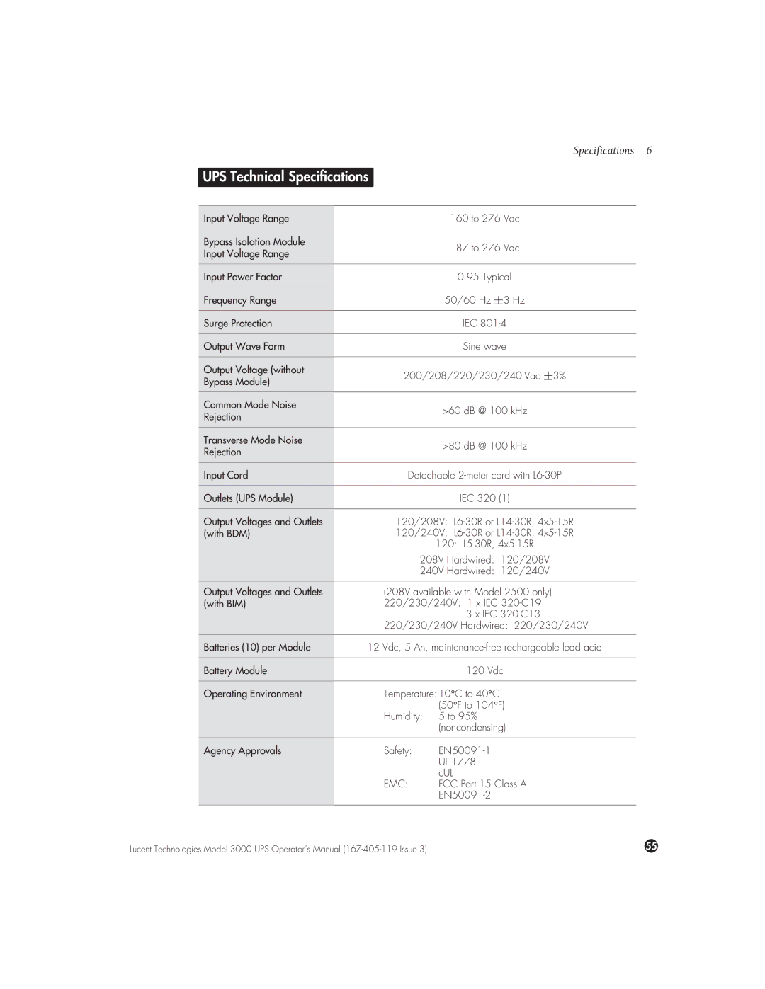 Lucent Technologies 3000 VA manual UPS Technical Specifications, Emc 