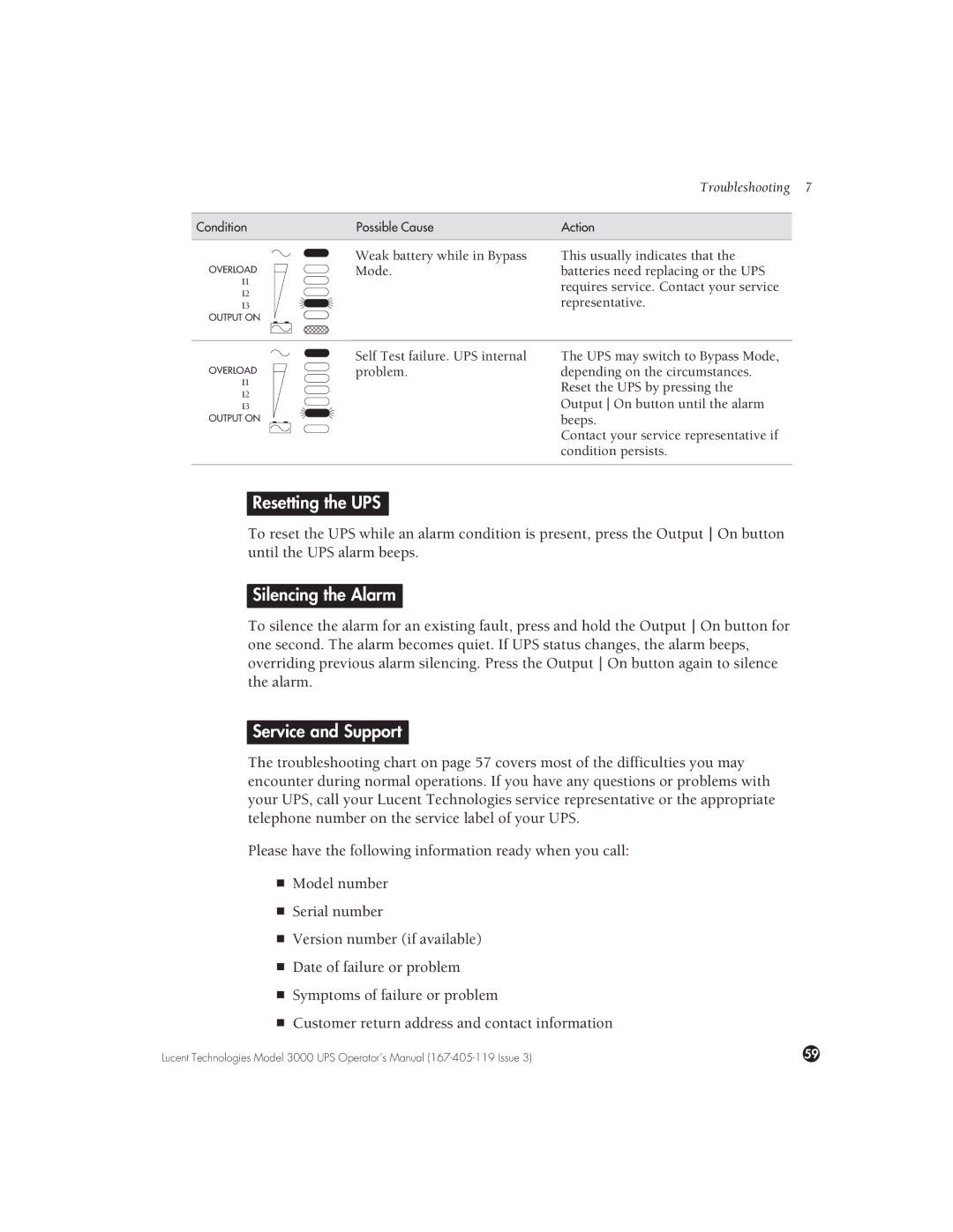 Lucent Technologies 3000 VA manual Resetting the UPS, Silencing the Alarm, Service and Support 