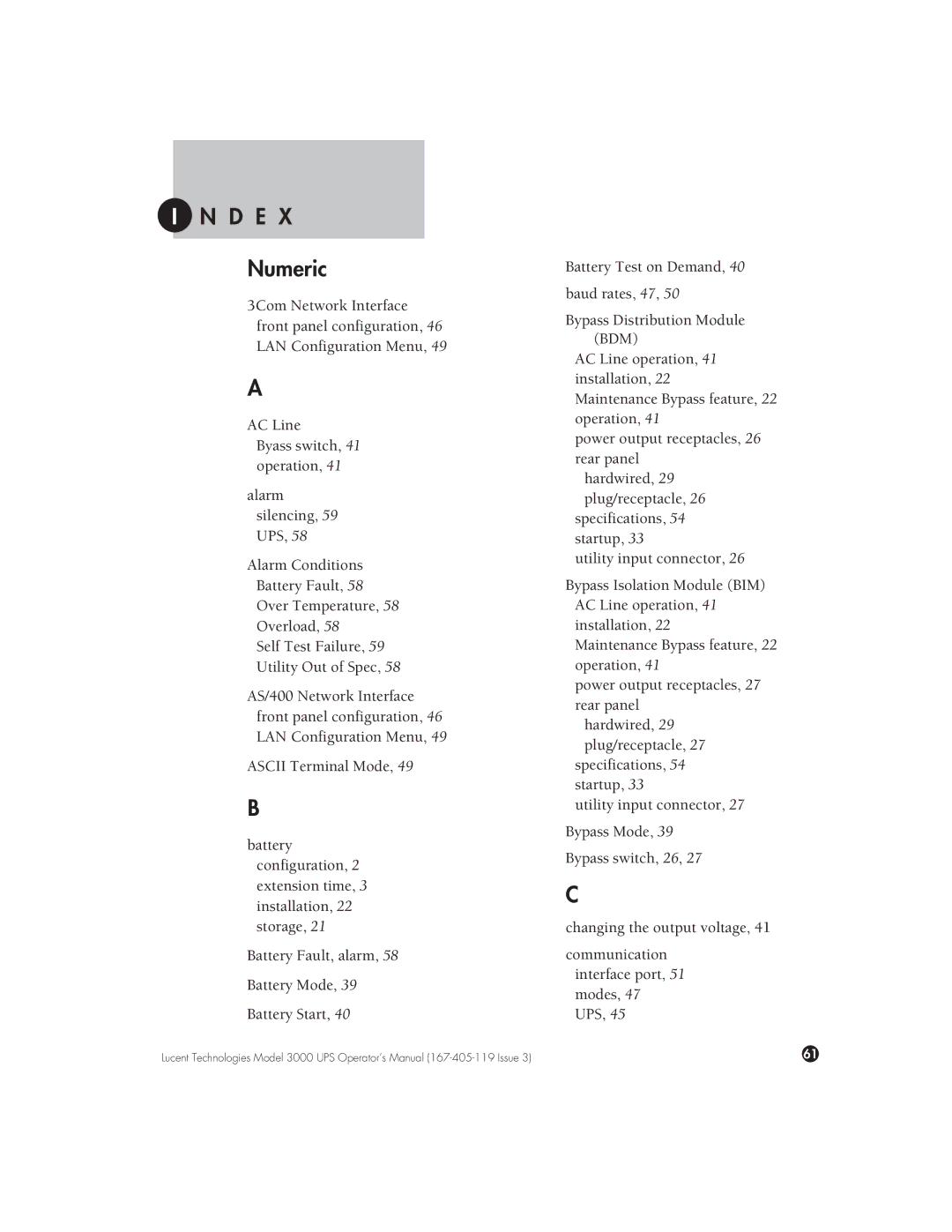 Lucent Technologies 3000 VA manual Ndex Numeric 