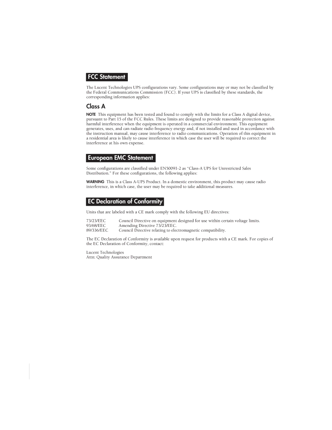 Lucent Technologies 3000 VA manual FCC Statement, Class a, European EMC Statement, EC Declaration of Conformity 