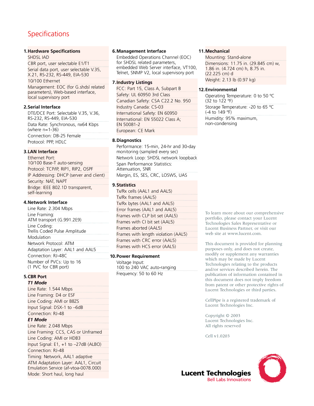 Lucent Technologies 40H-CES manual Specifications, T1 Mode, E1 Mode 