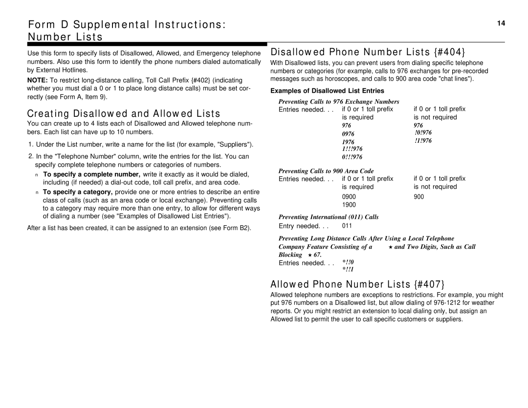 Lucent Technologies 4.1 manual Form D Supplemental Instructions Number Lists, Creating Disallowed and Allowed Lists 