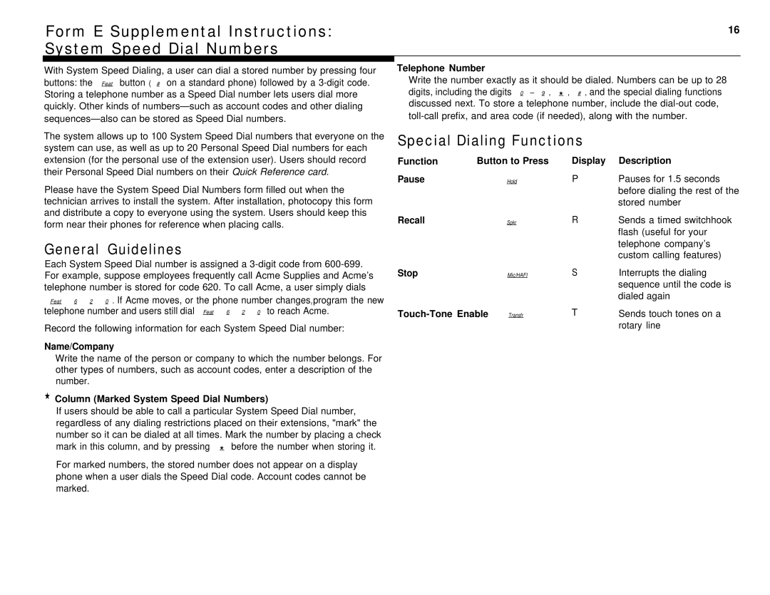 Lucent Technologies 4.1 manual Form E Supplemental Instructions System Speed Dial Numbers, General Guidelines 