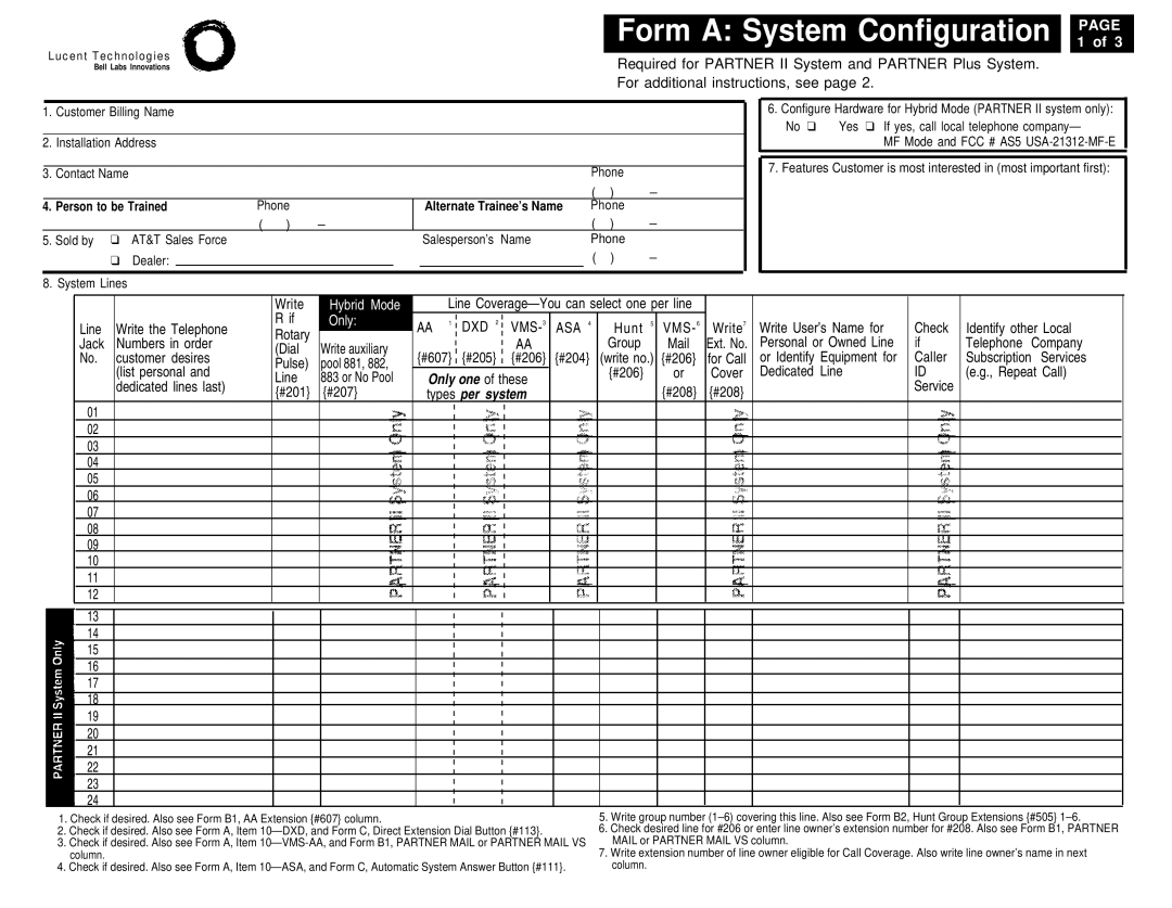 Lucent Technologies 4.1 Line Write the Telephone, Hunt, Write User’s Name for Check Identify other Local Rotary, #206 