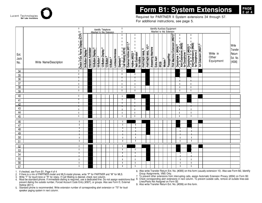 Lucent Technologies 4.1 manual Required for Partner II System extensions 34 through, Ext Write Return Jack Other 