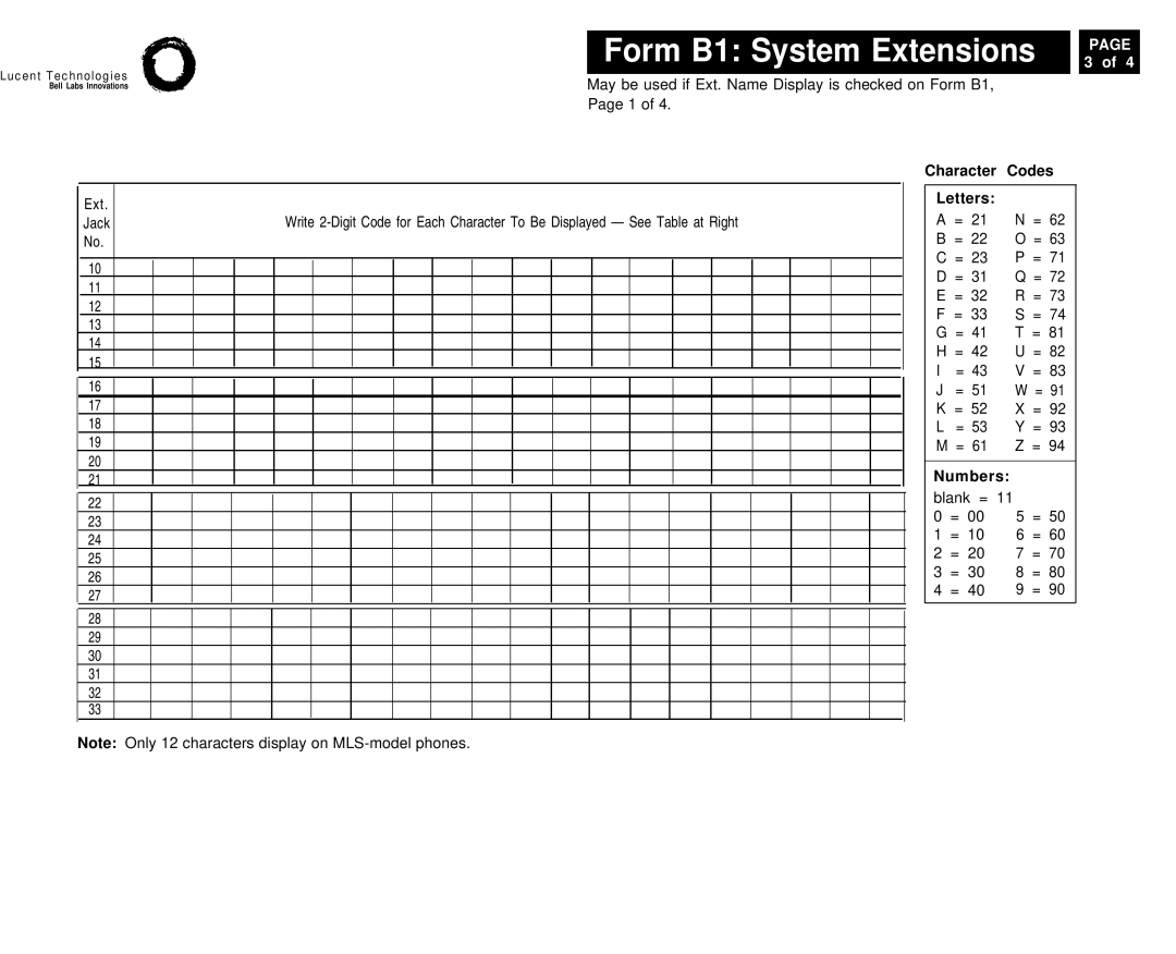 Lucent Technologies 4.1 manual Character Codes Letters Numbers 