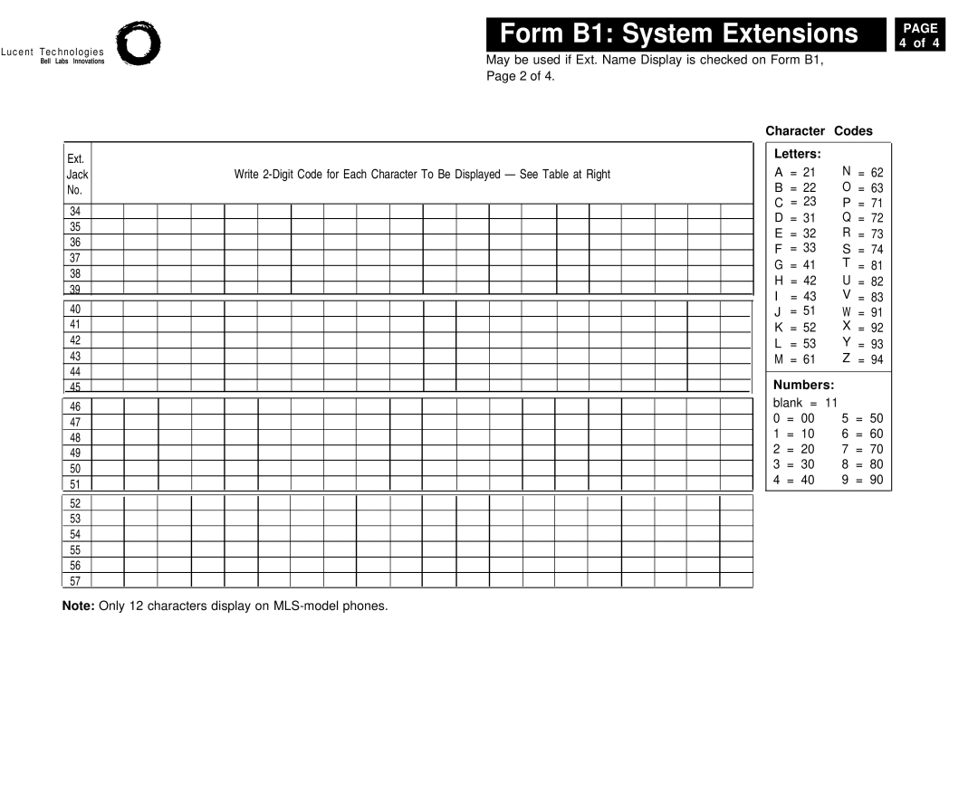 Lucent Technologies 4.1 manual Character Codes, Letters Numbers 