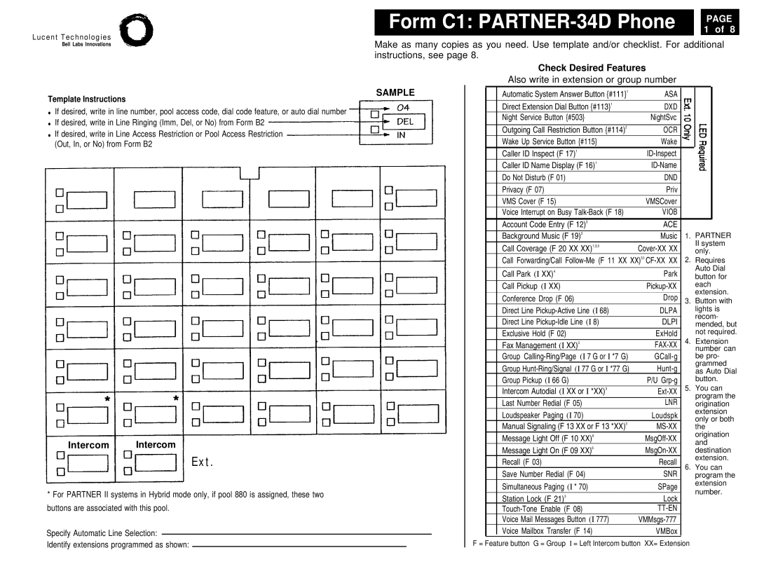 Lucent Technologies 4.1 manual Form C1 PARTNER-34D Phone, Check Desired Features, Sample, Intercom Intercom 