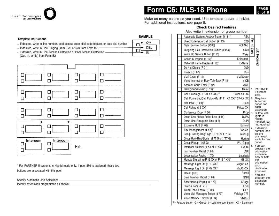 Lucent Technologies 4.1 manual Form C6 MLS-18 Phone, Identify extensions programmed as shown 