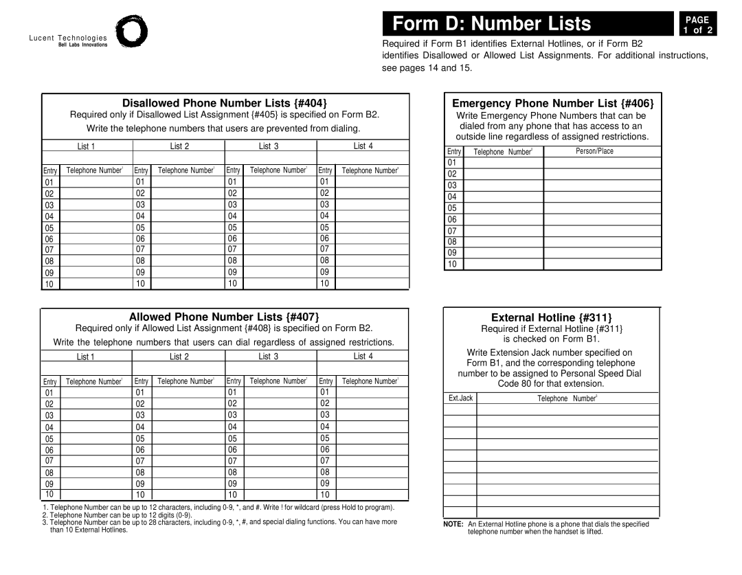 Lucent Technologies 4.1 manual Form D Number Lists, Disallowed Phone Number Lists #404 