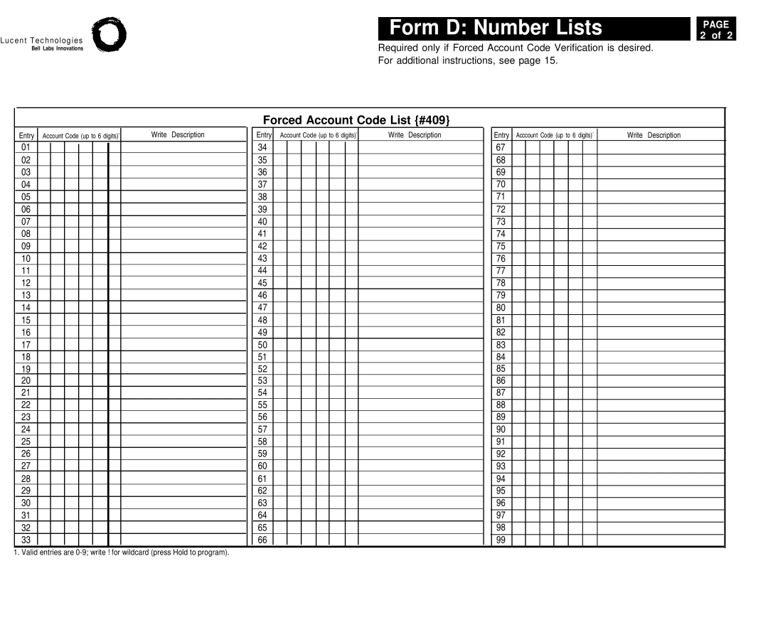 Lucent Technologies 4.1 manual Forced Account Code List #409 