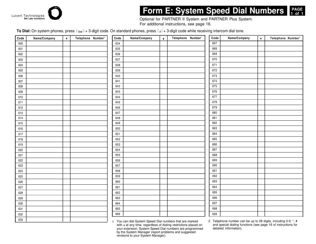 Lucent Technologies 4.1 manual Form E System Speed Dial Numbers, Code Name/Company 