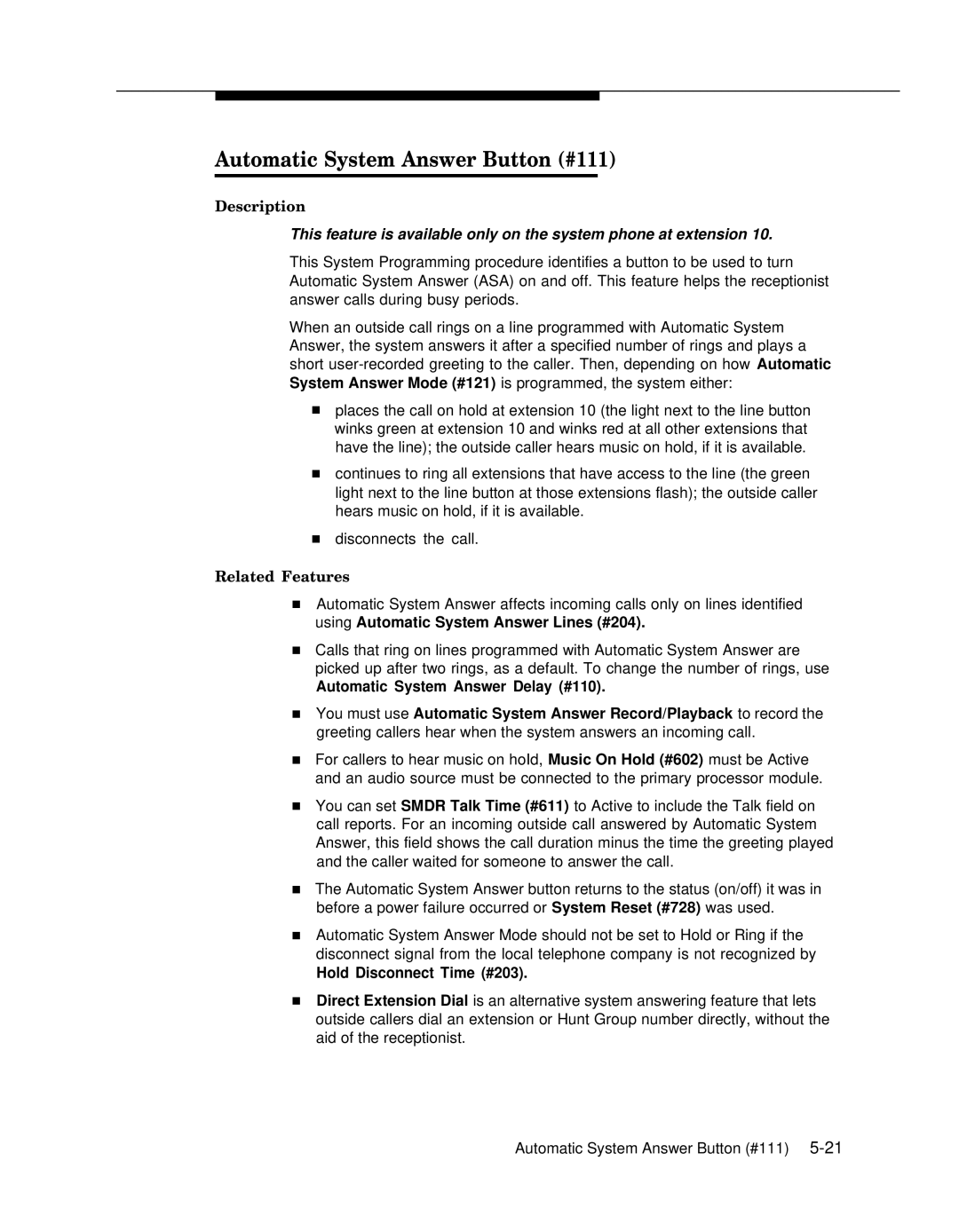 Lucent Technologies 4.1 manual Automatic System Answer Button #111, Hold Disconnect Time #203 