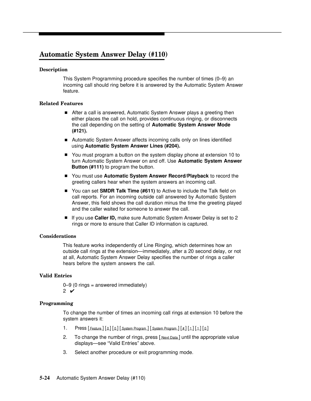 Lucent Technologies 4.1 manual Automatic System Answer Delay #110, Description 