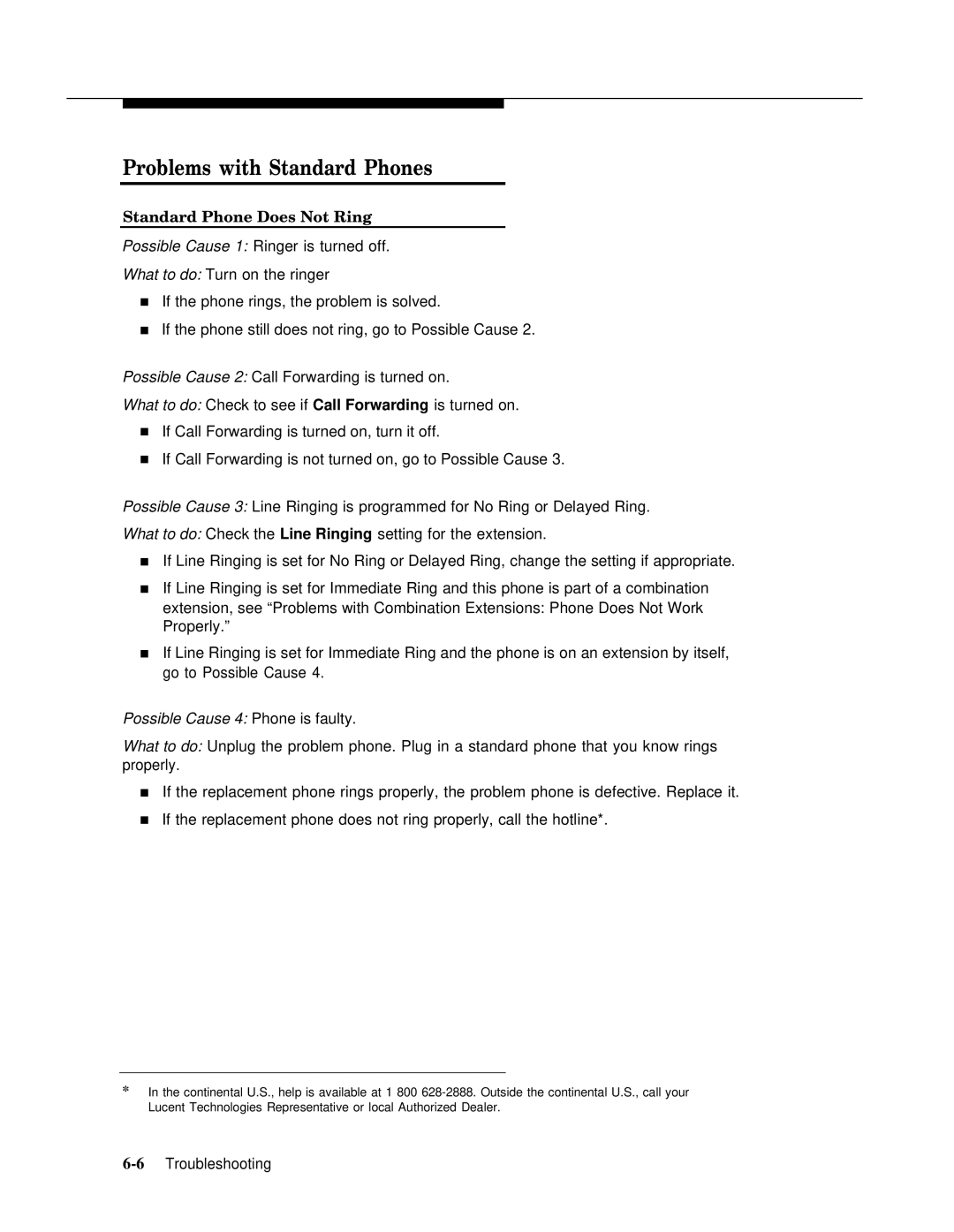 Lucent Technologies 4.1 manual Problems with Standard Phones, Standard Phone Does Not Ring 