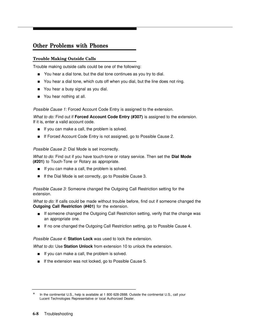 Lucent Technologies 4.1 manual Other Problems with Phones, Trouble Making Outside Calls 