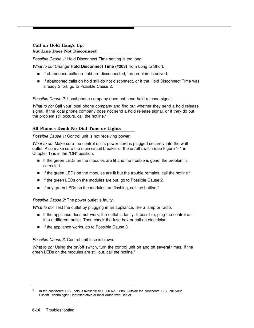 Lucent Technologies 4.1 manual Call on Hold Hangs Up But Line Does Not Disconnect, All Phones Dead No Dial Tone or Lights 