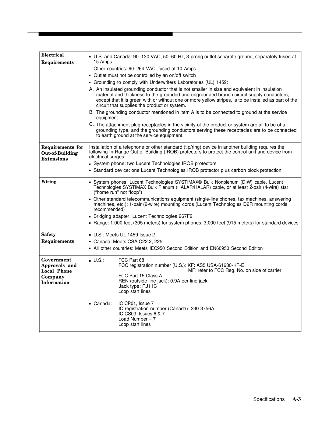 Lucent Technologies 4.1 manual Specifications A-3 