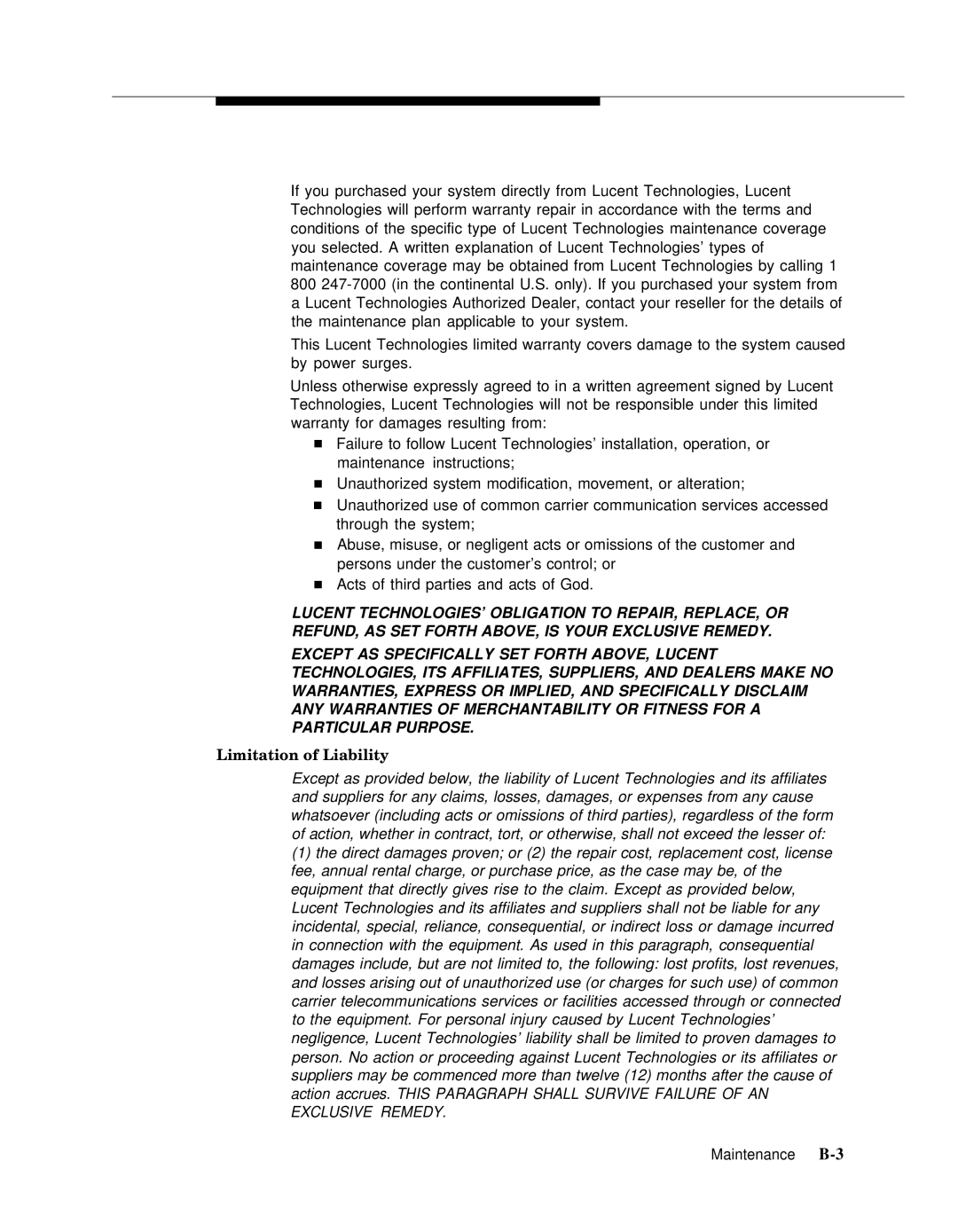 Lucent Technologies 4.1 manual Limitation of Liability 