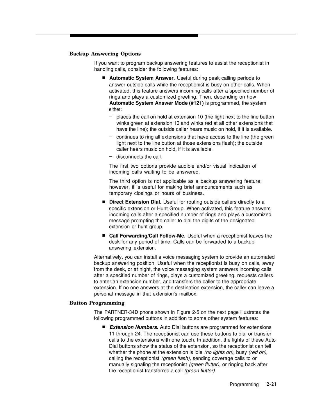 Lucent Technologies 4.1 manual Backup Answering Options, Button Programming 