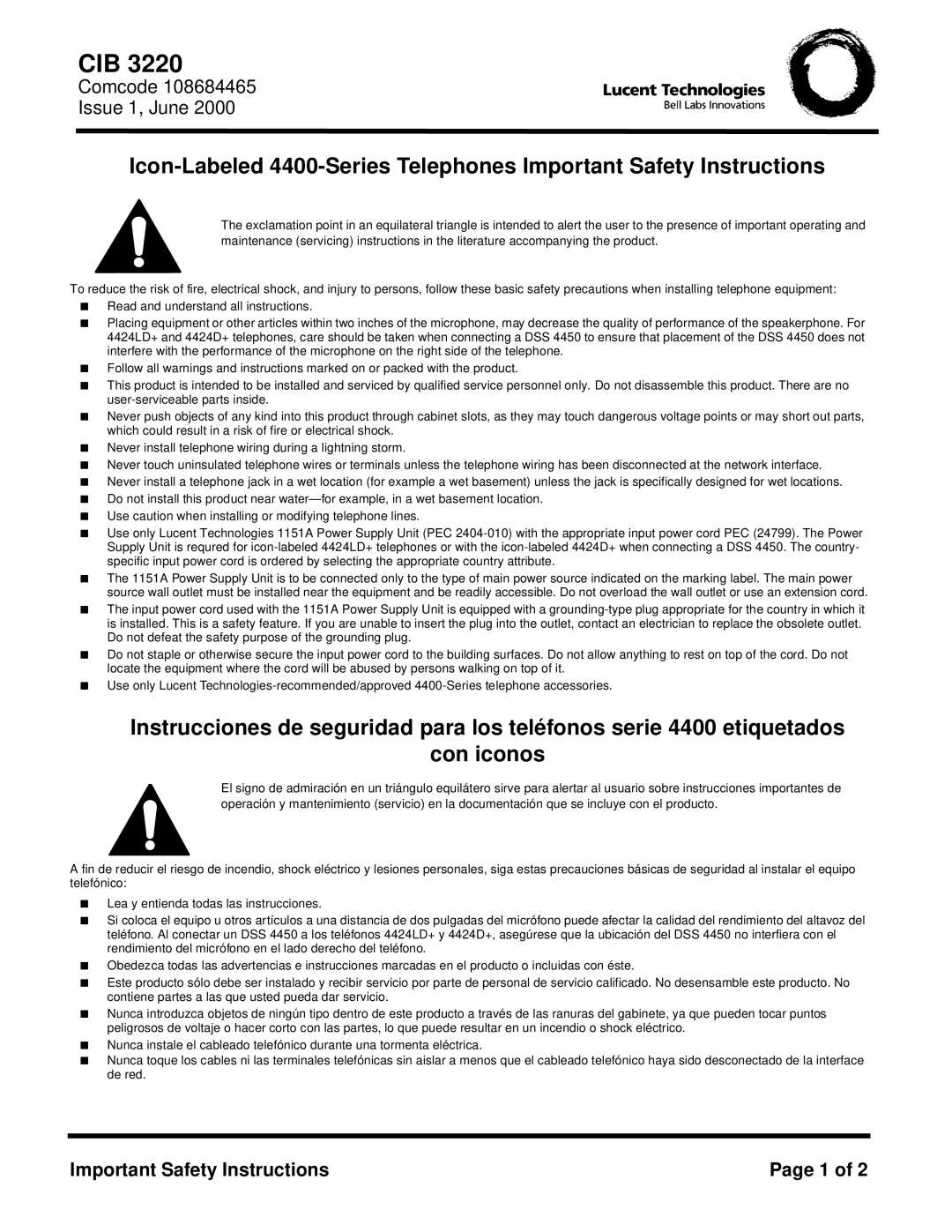 Lucent Technologies 4400-Series important safety instructions Cib 