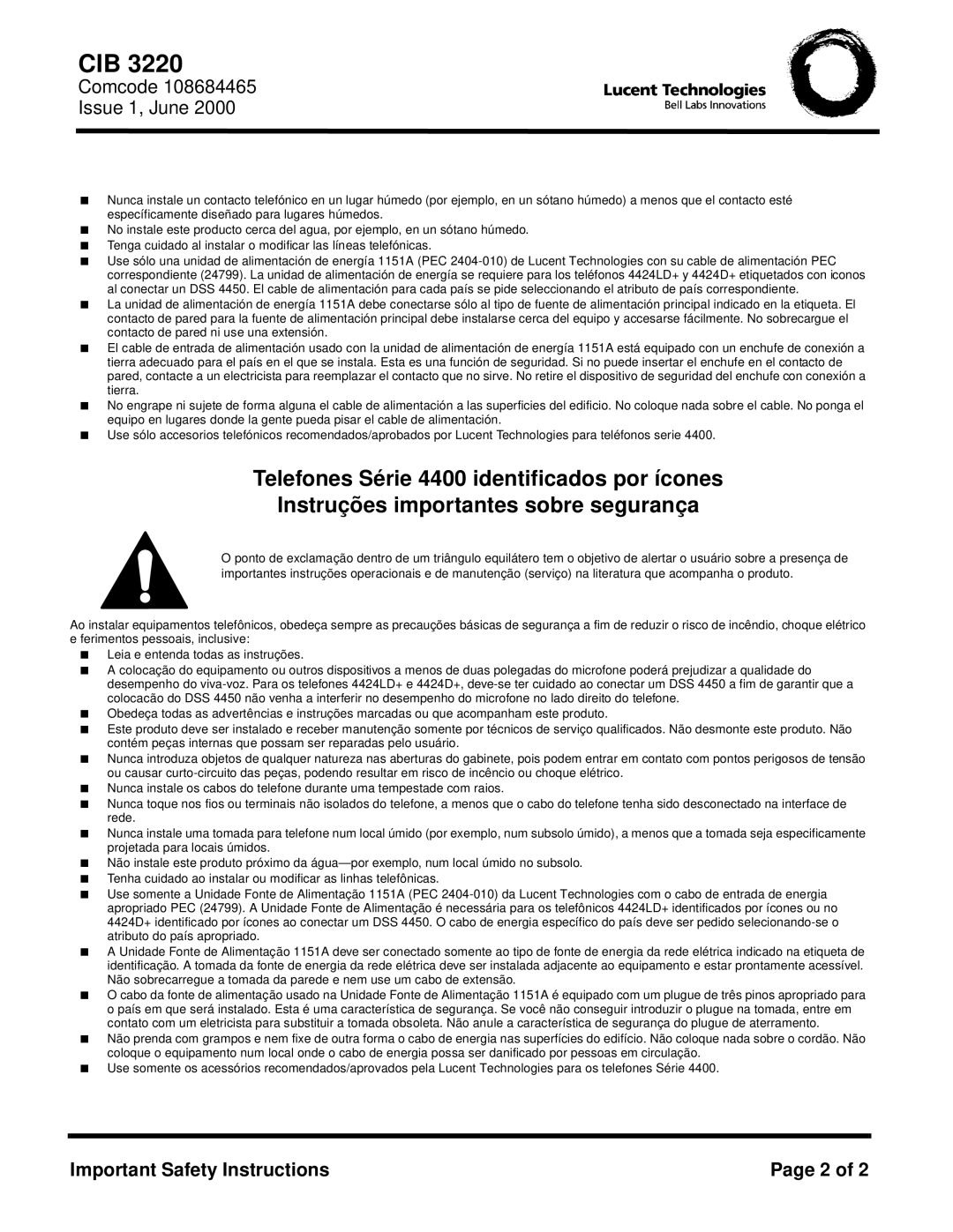 Lucent Technologies 4400-Series important safety instructions Cib 