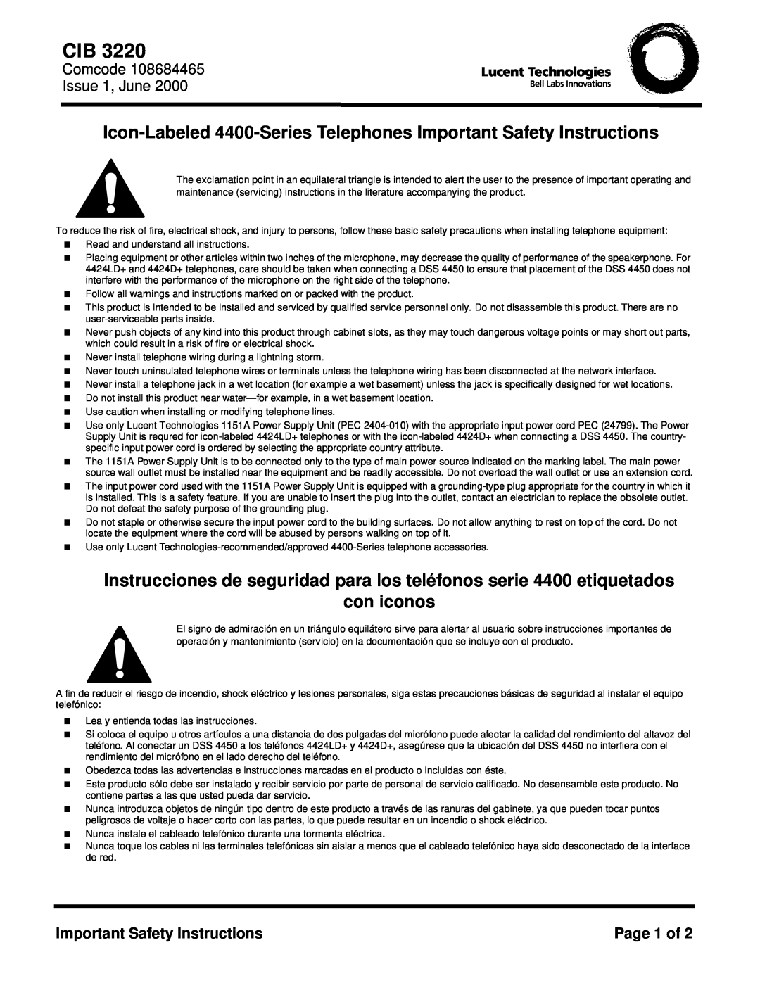 Lucent Technologies 4400-Series important safety instructions con iconos, Comcode Issue 1, June, Page 1 of 