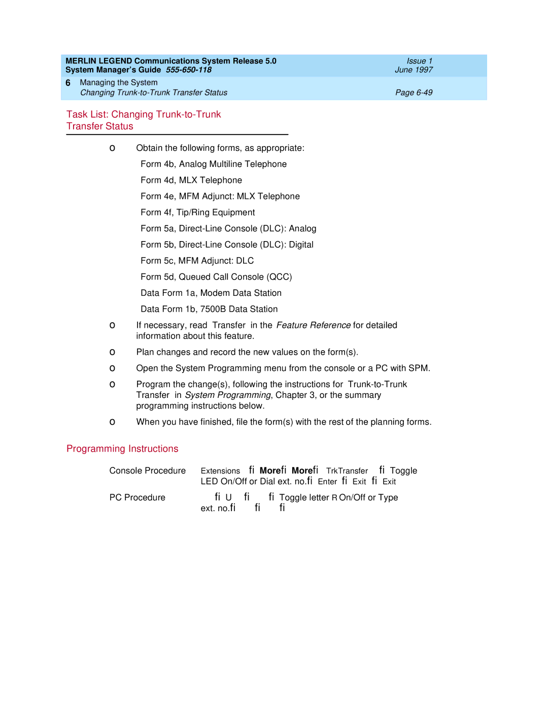 Lucent Technologies 5 manual Task List Changing Trunk-to-Trunk Transfer Statuso 