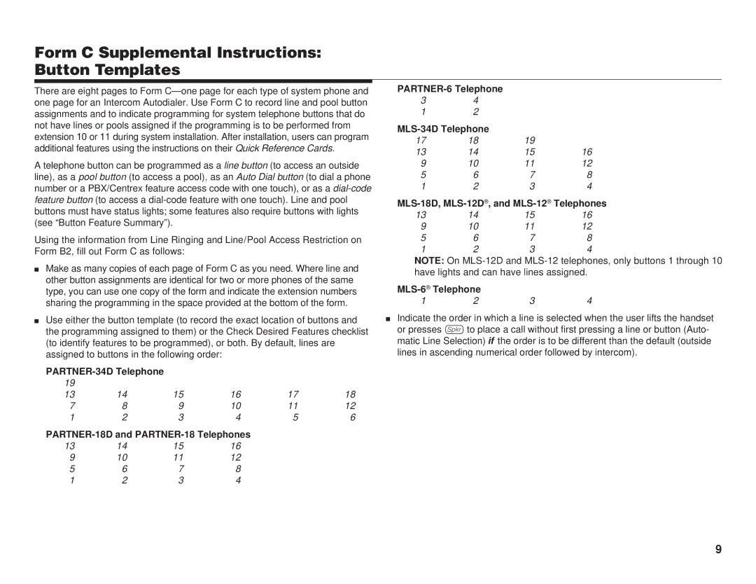 Lucent Technologies 518-456-151 manual Form C Supplemental Instructions Button Templates, PARTNER-6 Telephone 