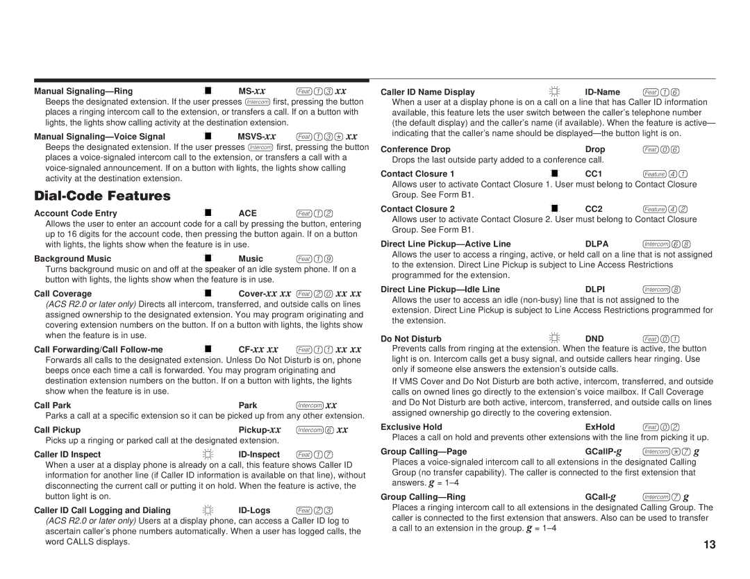 Lucent Technologies 518-456-151 manual Dial-Code Features, MS-xx F13xx 