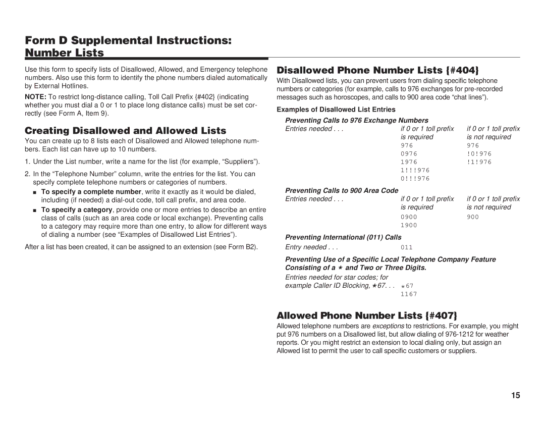 Lucent Technologies 518-456-151 manual Form D Supplemental Instructions Number Lists, Disallowed Phone Number Lists #404 