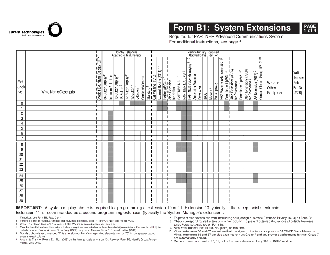 Lucent Technologies 518-456-151 manual Form B1 System Extensions, Alert Extensions #606 