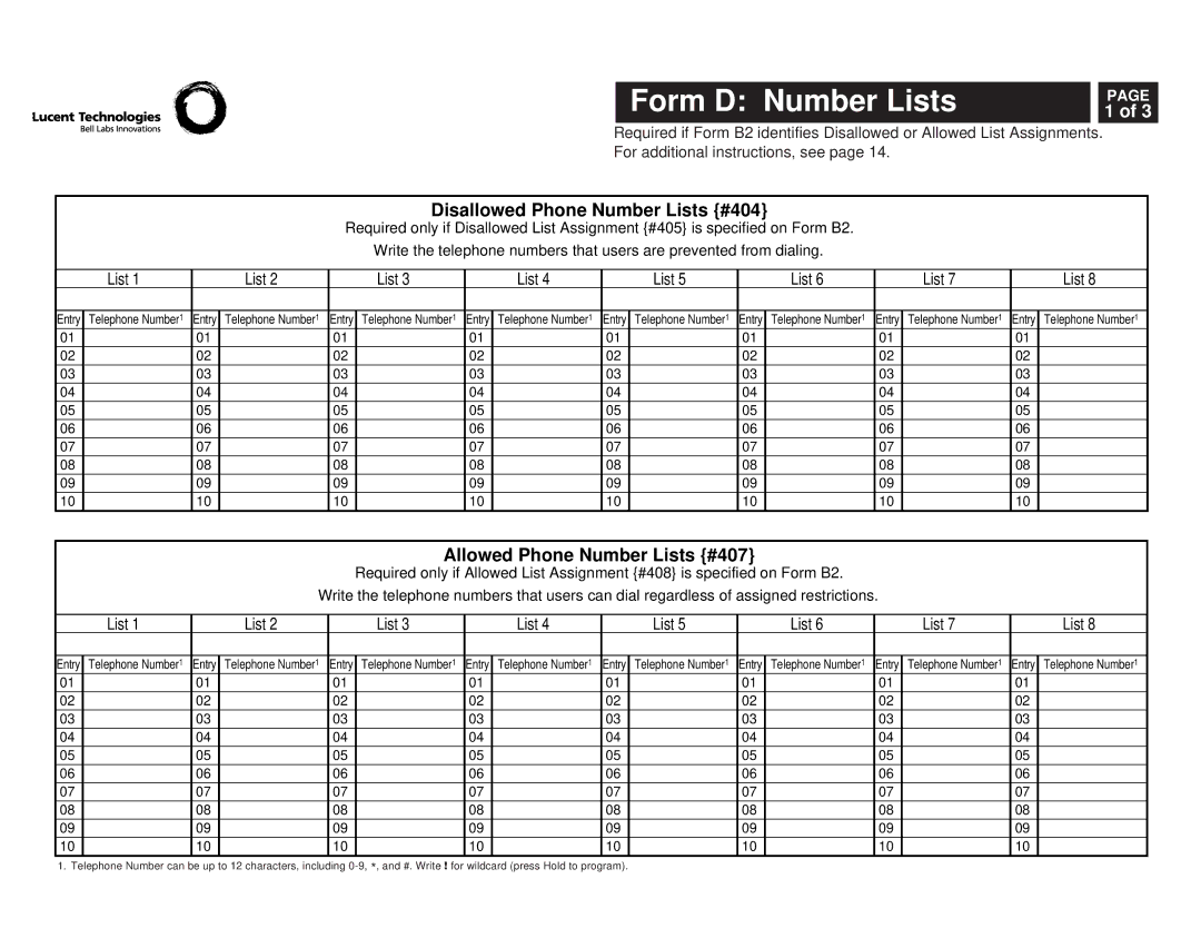 Lucent Technologies 518-456-151 manual Form D Number Lists 