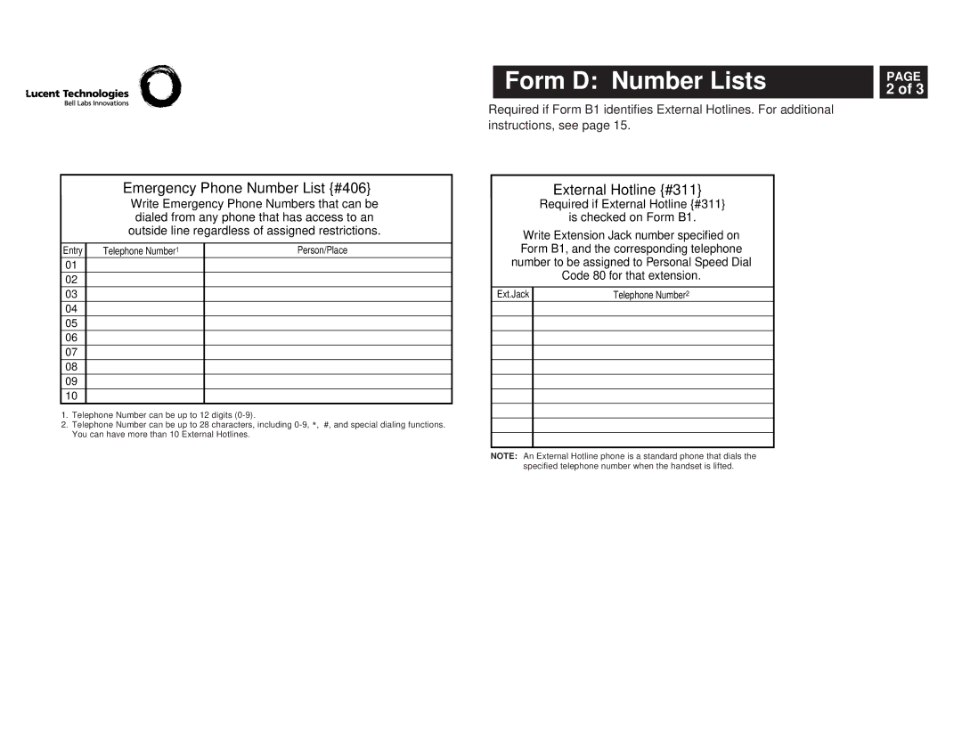 Lucent Technologies 518-456-151 manual Emergency Phone Number List #406 