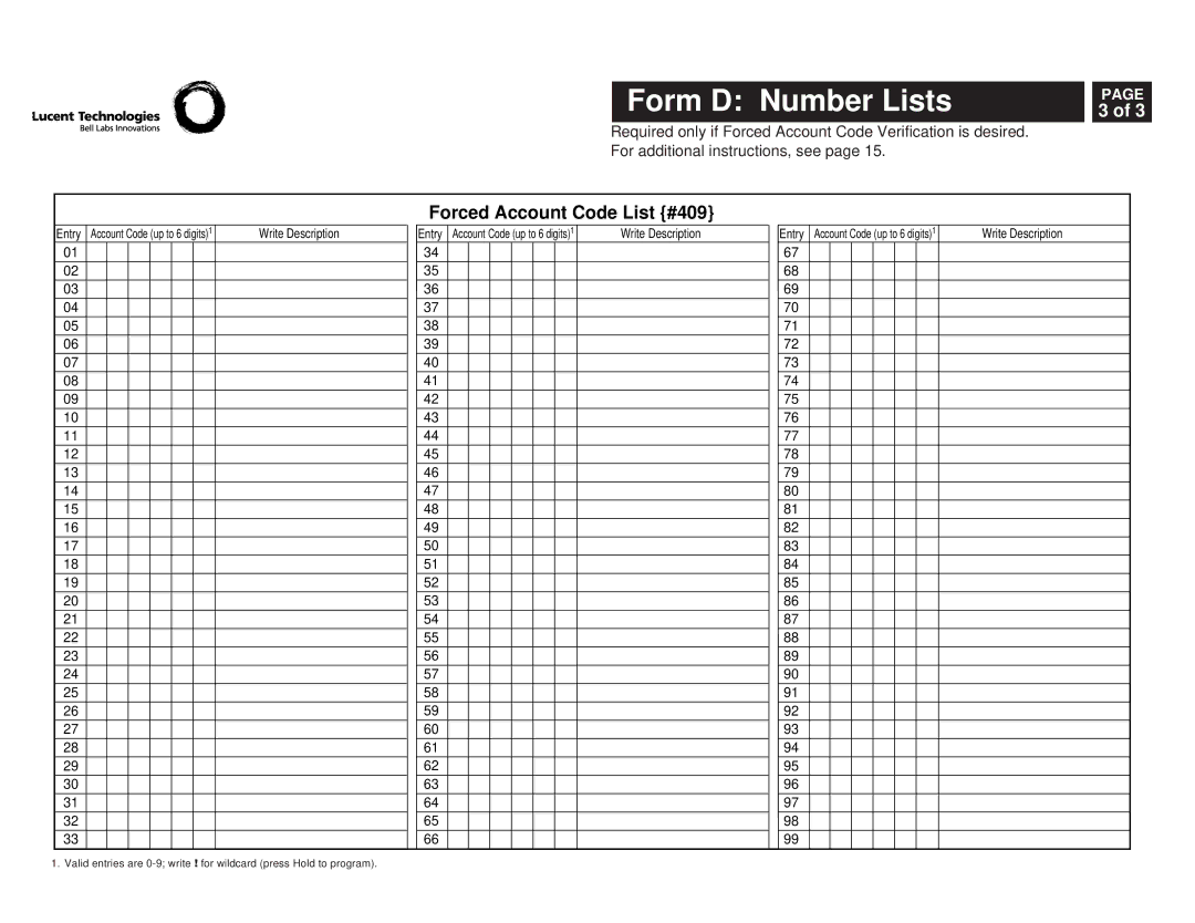 Lucent Technologies 518-456-151 manual Forced Account Code List #409 