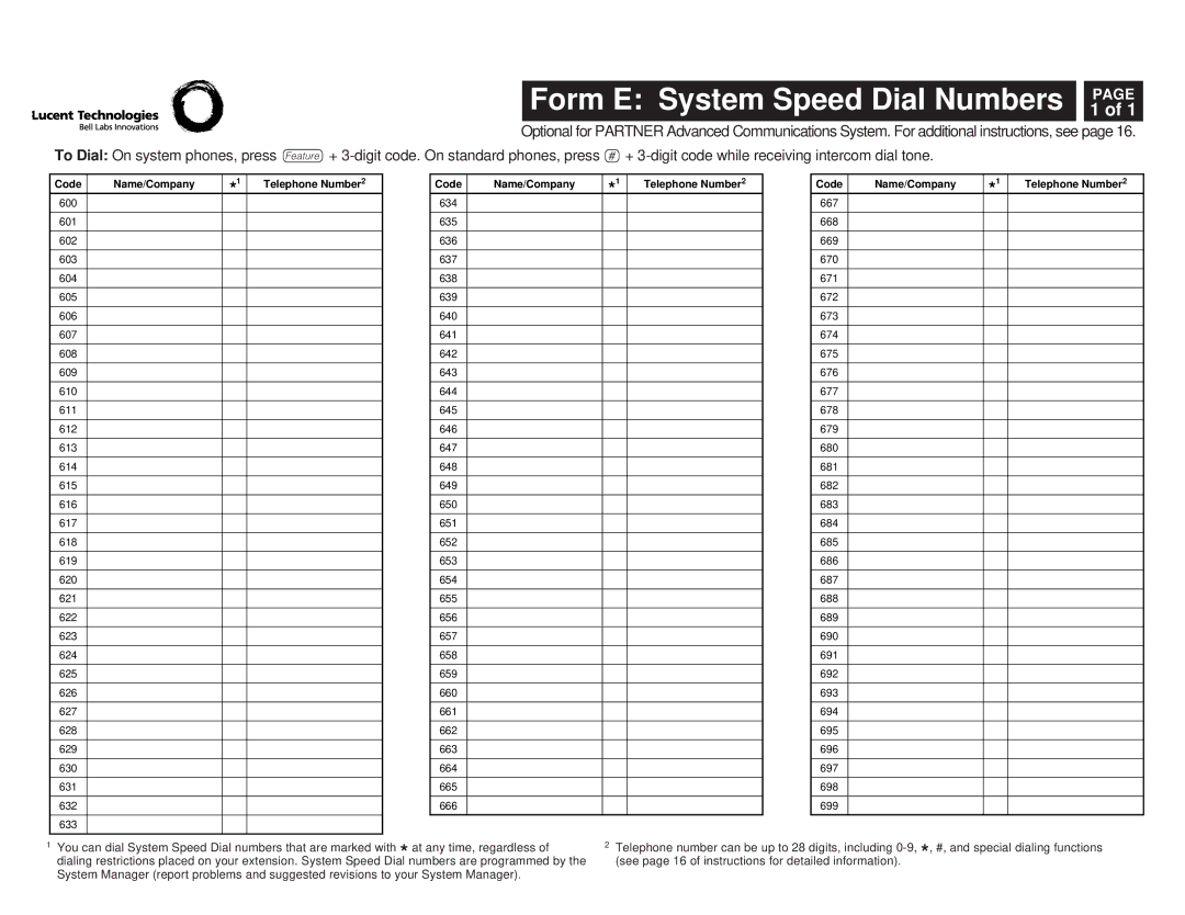 Lucent Technologies 518-456-151 manual Form E System Speed Dial Numbers, Code Name/Company Telephone Number2 