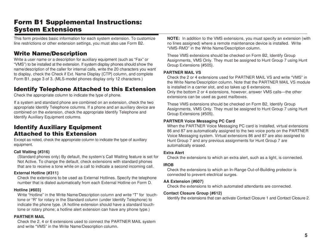 Lucent Technologies 518-456-151 manual Form B1 Supplemental Instructions System Extensions, Write Name/Description 