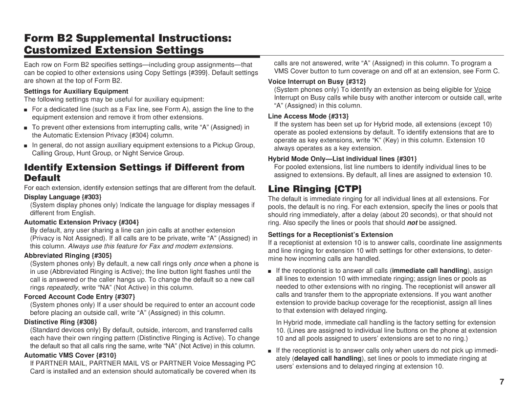 Lucent Technologies 518-456-151 manual Identify Extension Settings if Different from Default, Line Ringing CTP 