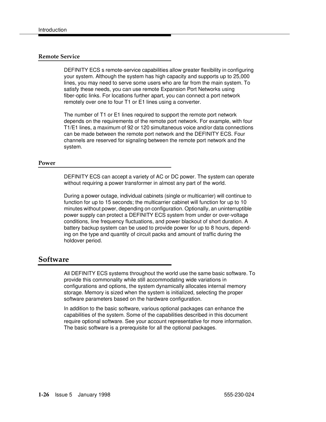 Lucent Technologies 555-230-024 manual Software, Remote Service, Power 