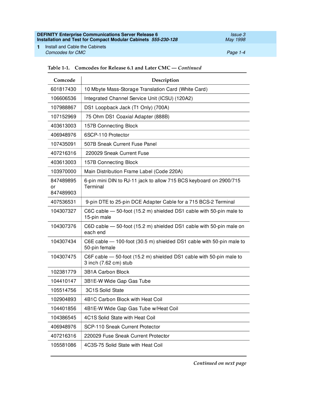 Lucent Technologies 555-230-128 manual Comcodes for CMC 