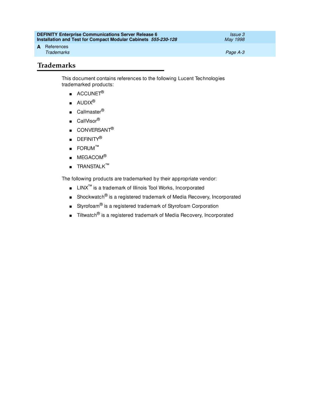 Lucent Technologies 555-230-128 manual Trademarks, Callmaster CallVisor 