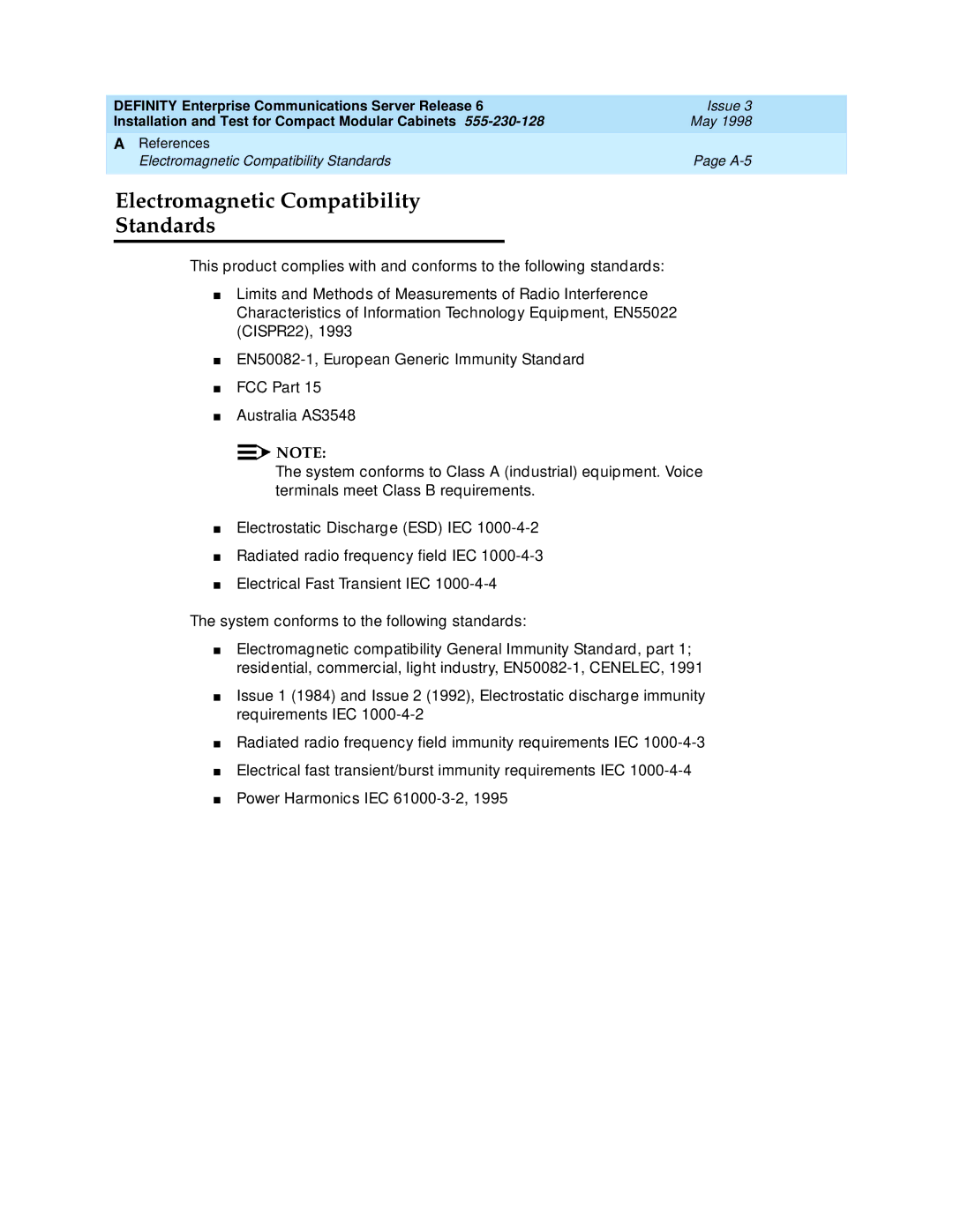 Lucent Technologies 555-230-128 manual Electromagnetic Compatibility Standards 