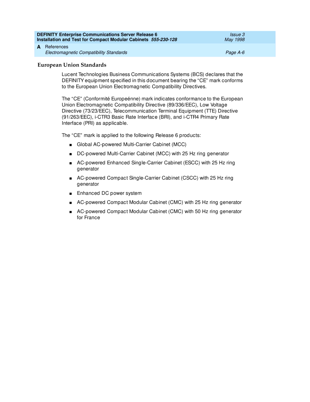 Lucent Technologies 555-230-128 manual European Union Standards 