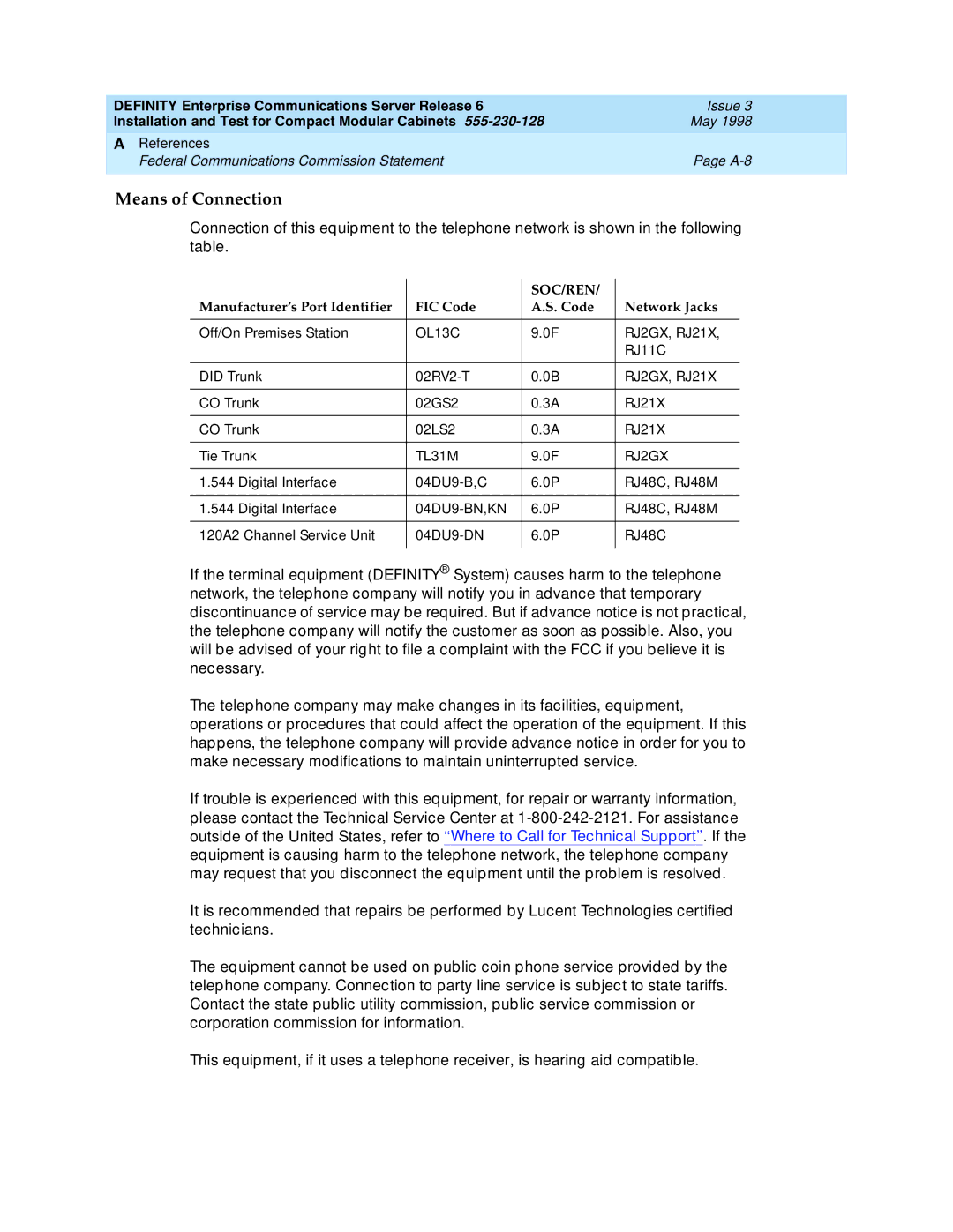 Lucent Technologies 555-230-128 manual Means of Connection, Soc/Ren 