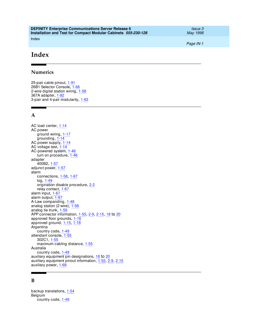 Lucent Technologies 555-230-128 manual Index 