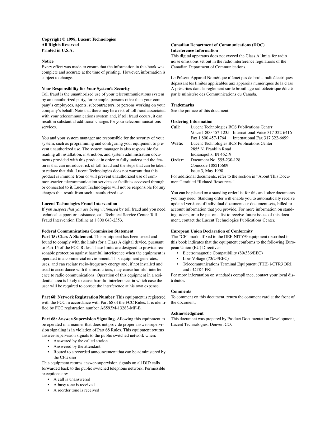 Lucent Technologies 555-230-128 manual Trademarks 