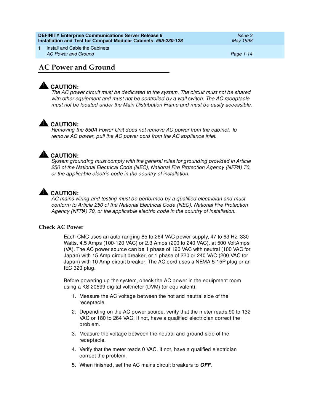 Lucent Technologies 555-230-128 manual AC Power and Ground, Check AC Power 