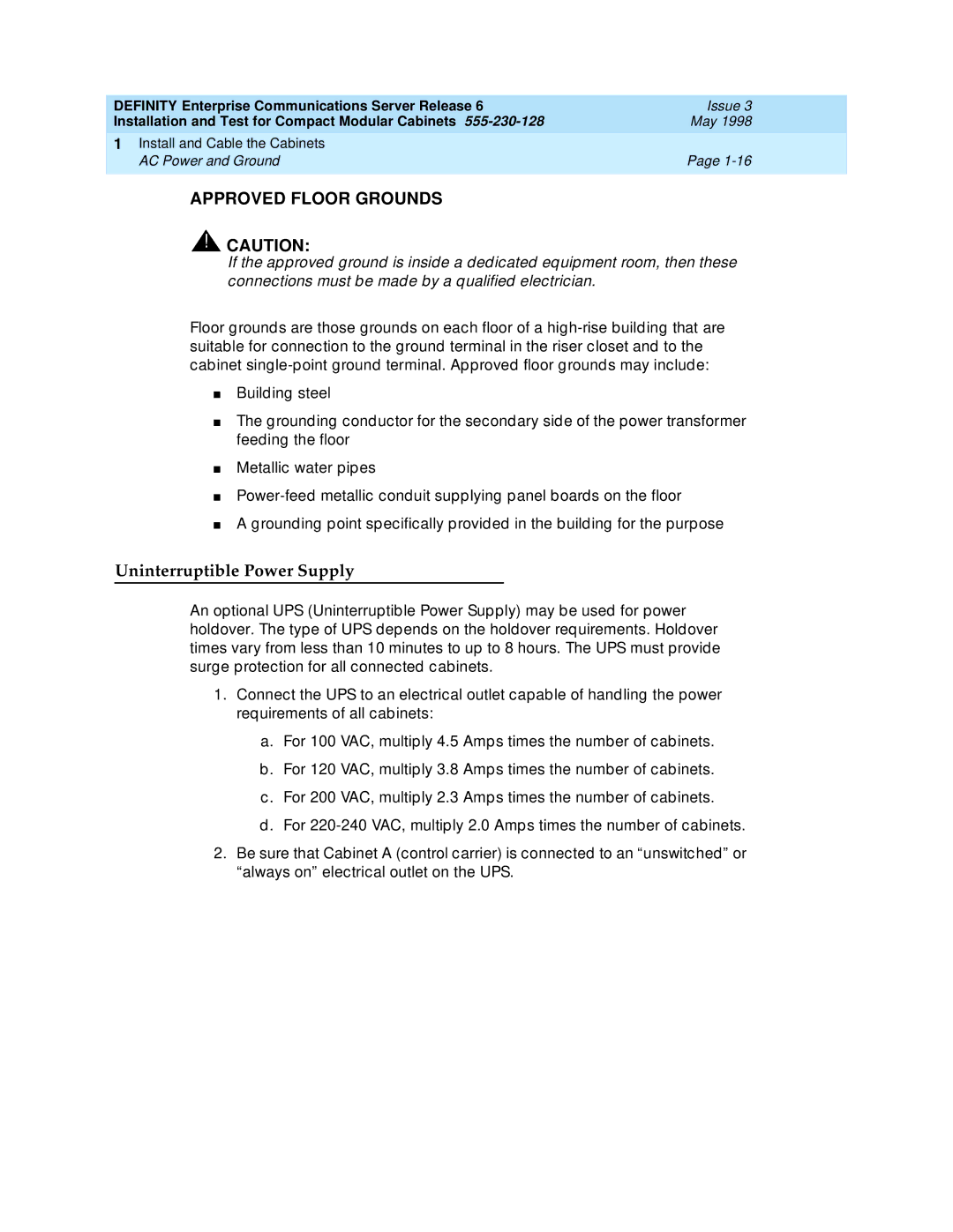 Lucent Technologies 555-230-128 manual Approved Floor Grounds, Uninterruptible Power Supply 