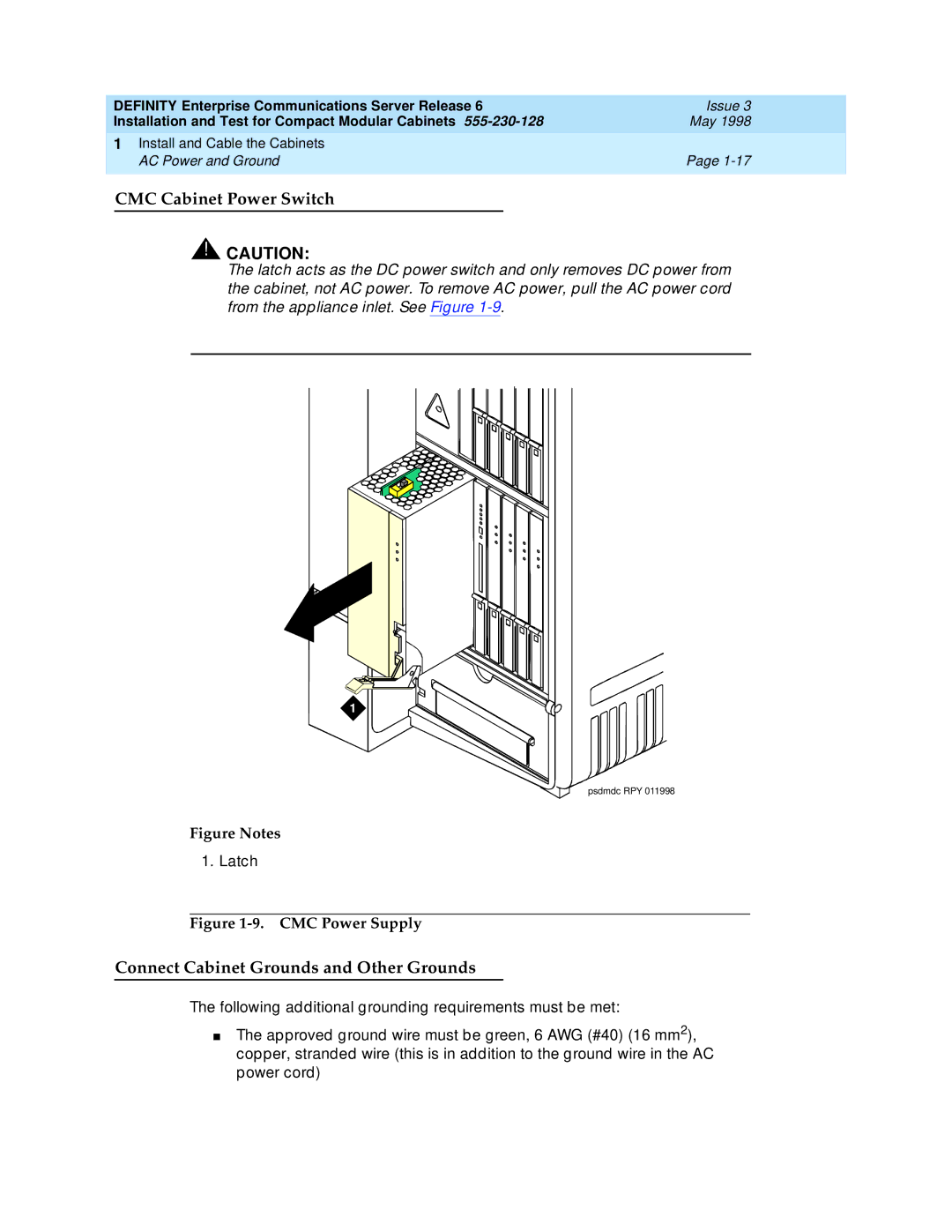 Lucent Technologies 555-230-128 manual CMC Cabinet Power Switch, Connect Cabinet Grounds and Other Grounds, Latch 
