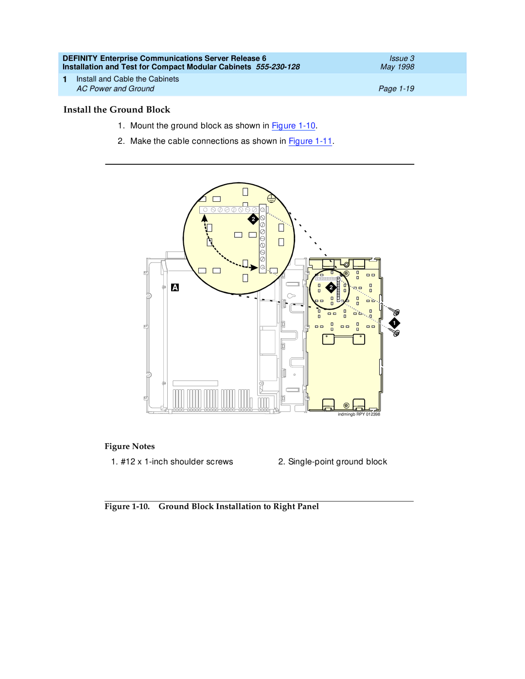 Lucent Technologies 555-230-128 manual Install the Ground Block, #12 x 1-inch shoulder screws Single-point ground block 